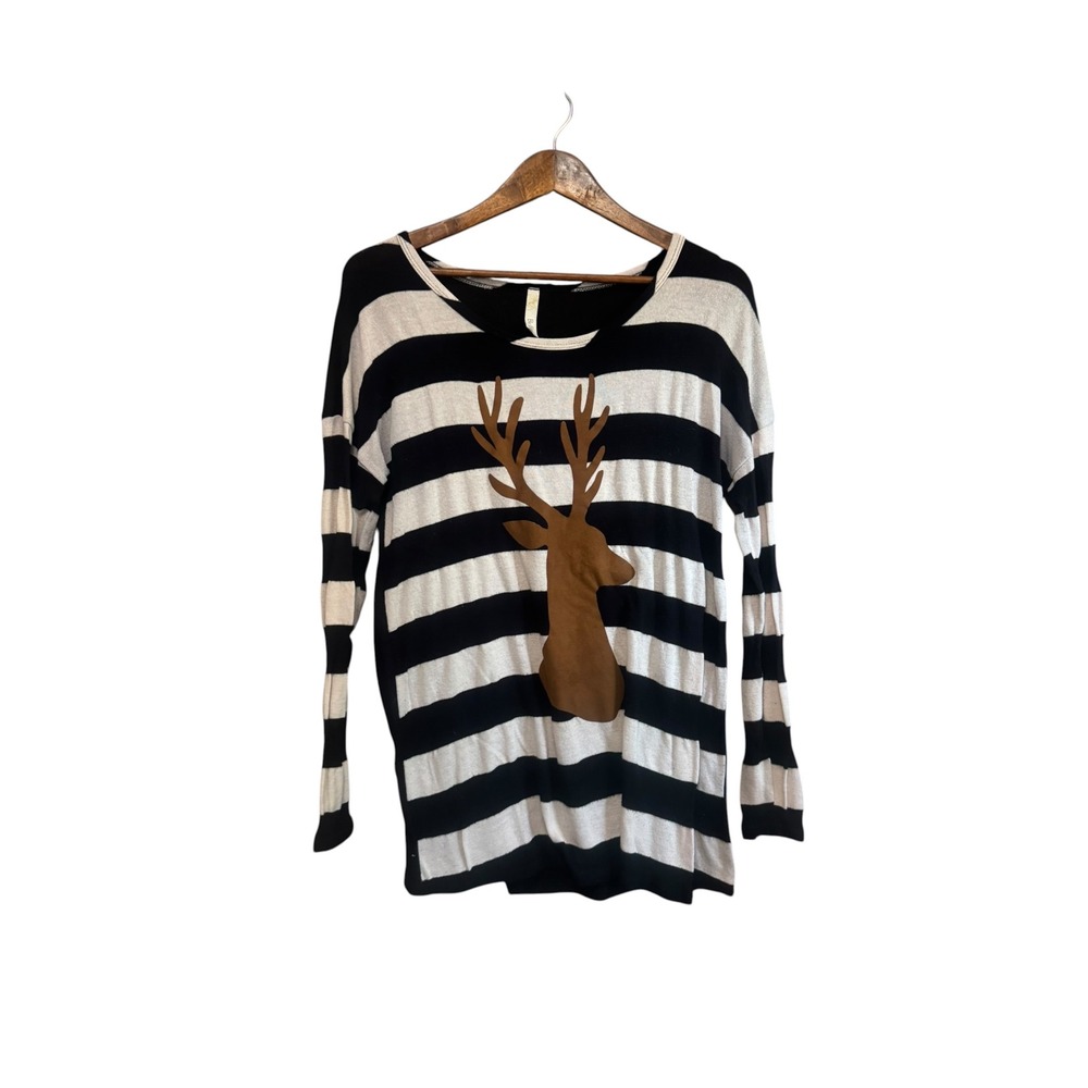 Bo Bel Sweater Women Small Black White Excellent Striped Deer Button Back Top